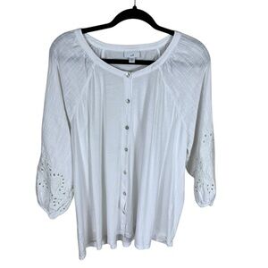 *2/$30* J. Jill White 3/4 Embroidered Eyelet Sleeves Mixed Fabric Top XL Tall